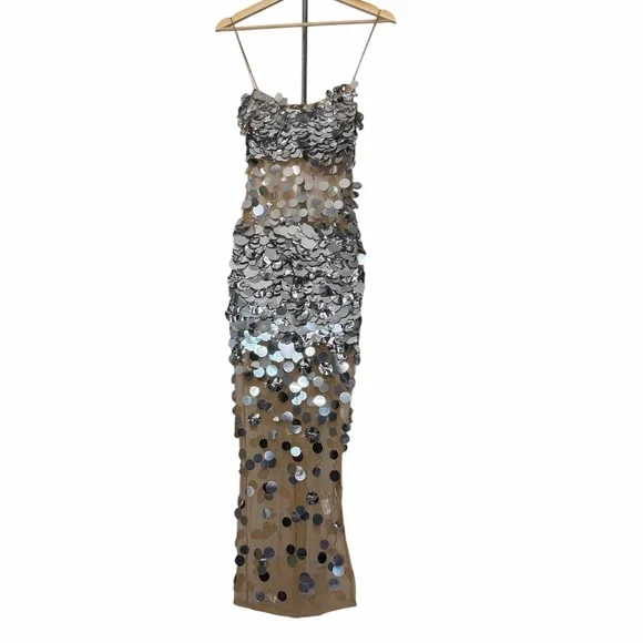 Retrofete Mischa Sequin Dress Spaghetti Strap Silver - Picture 6 of 14